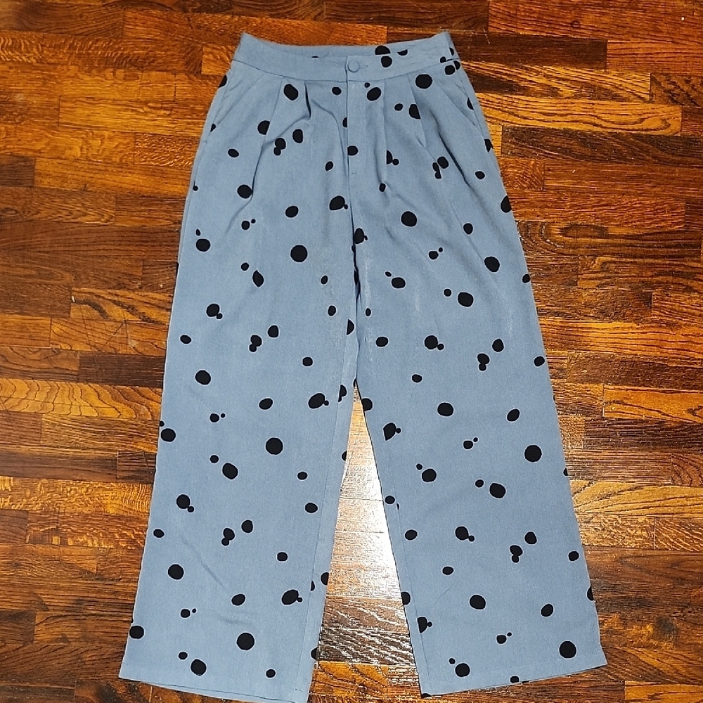 Versona Women's Slate Blue Fun And Funky Polka Dot Wide Leg Pants Size 4 Modern